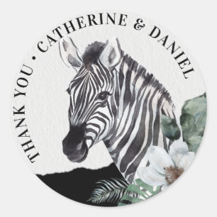 Watercolor Floral Wild Zebra Safari Thank You Classic Round Sticker