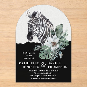 Watercolor Floral Wild Zebra Safari Wedding Acrylic Invitations