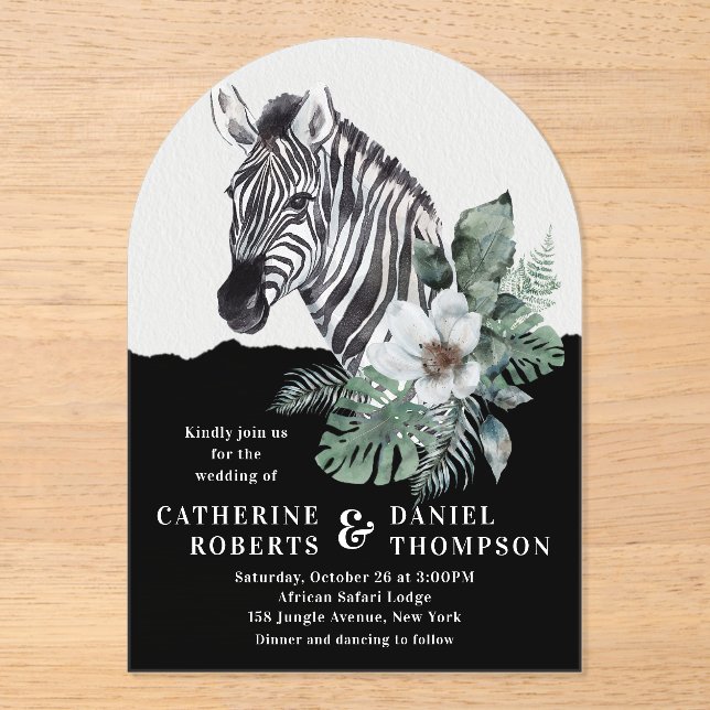 Watercolor Floral Wild Zebra Safari Wedding Acrylic Invitations (Front)