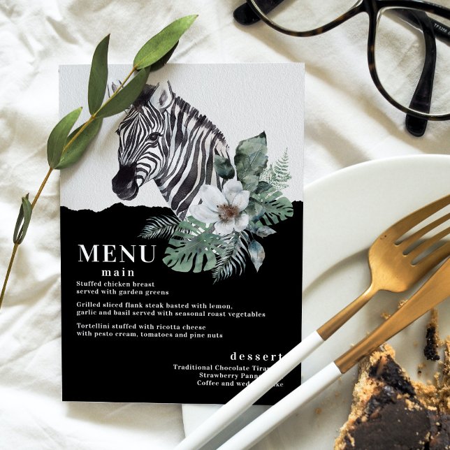 Watercolor Floral Wild Zebra Safari Wedding Menus (Creator Uploaded)