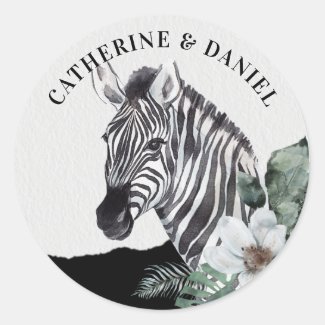Watercolor Floral Wild Zebra Safari Wedding Names Classic Round Sticker