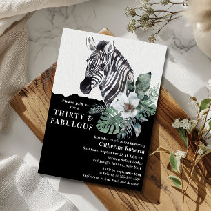 Watercolor Floral Wild Zebra Thirty 30th Birthday Invitation