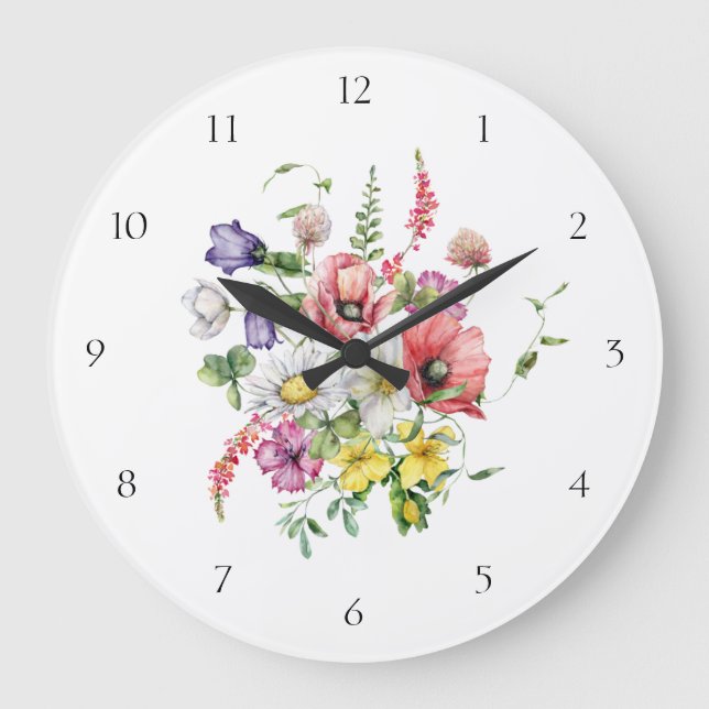 Watercolor Floral Wildflower Bouquet Large Clock (Front)