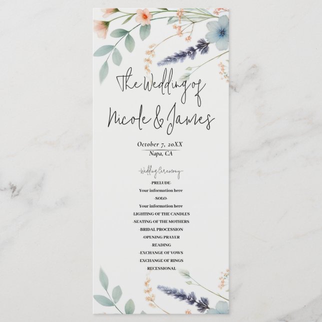 Watercolor Floral Wildflower Wedding Program (Front)