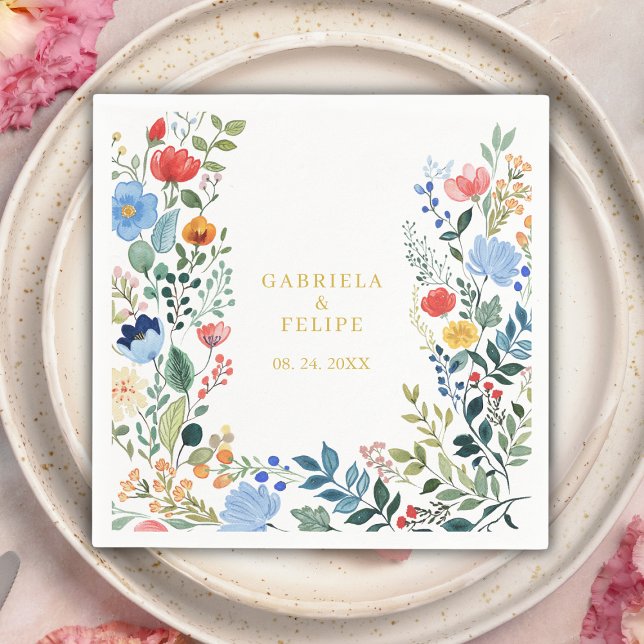 Watercolor Floral Wildflowers Gold Boho Wedding Napkins (Creator Uploaded)