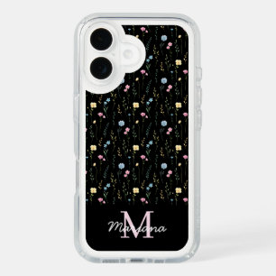 watercolor floral wildflowers pink monogram black iPhone 16 case
