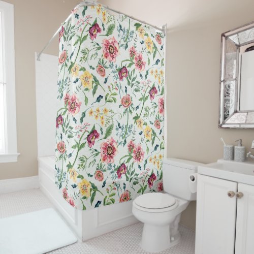 Watercolor Floral Wildflowers Pink Yellow Flowers Shower Curtain