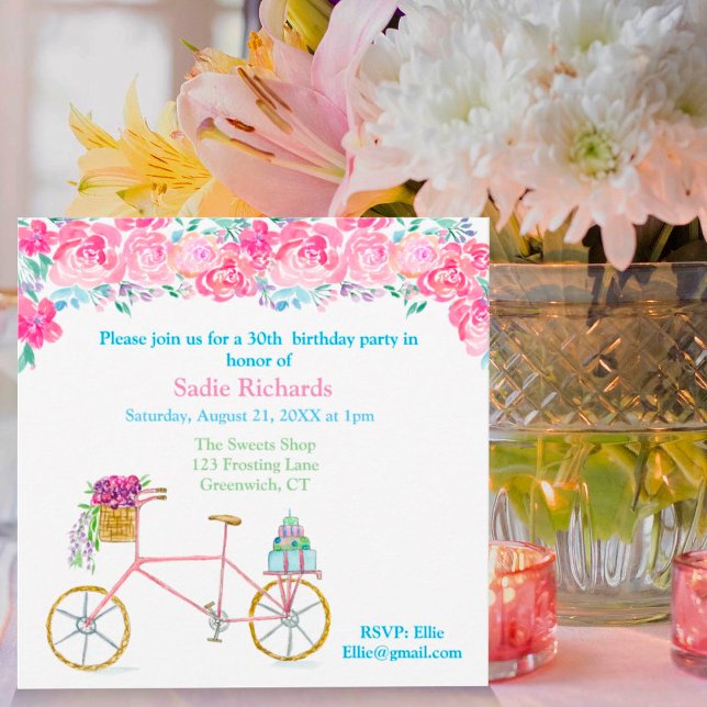 Watercolor Floral With Bicycle Birthday  Invitation (Creator Uploaded)