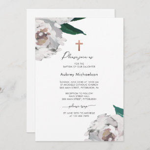 Watercolor Floral with Cross Baptism Invitation