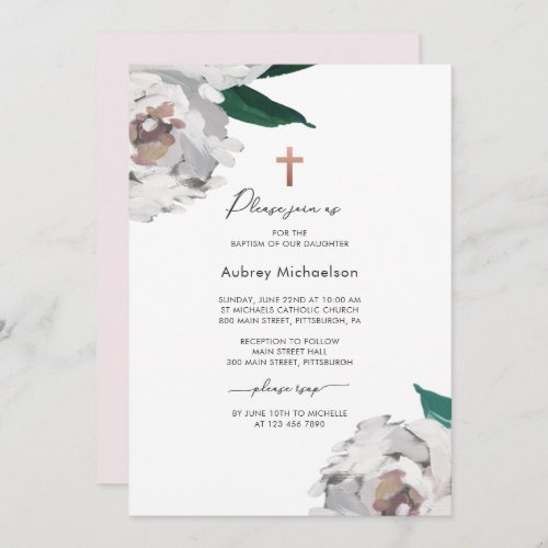 Watercolor Floral with Cross Baptism Invitation