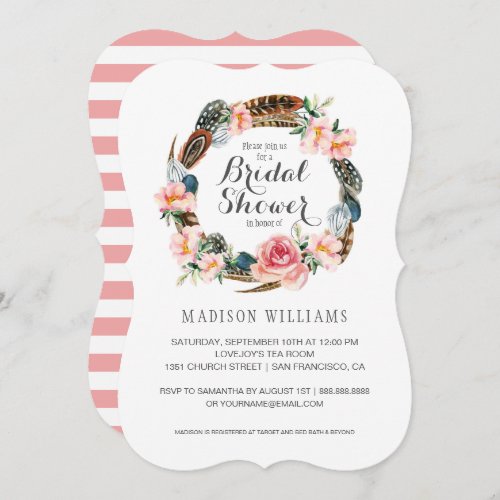Watercolor Floral  with Feathers  Bridal Shower Invitation