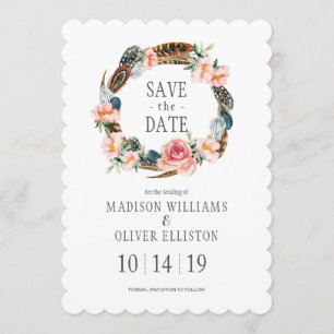 Watercolor Floral with Feathers   Save the Date
