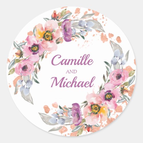 Watercolor Floral with Rose Gold Classic Round Sticker