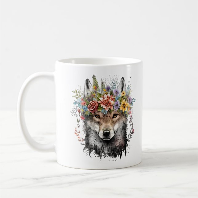 Watercolor Floral Wolf Coffee Mug (Left)