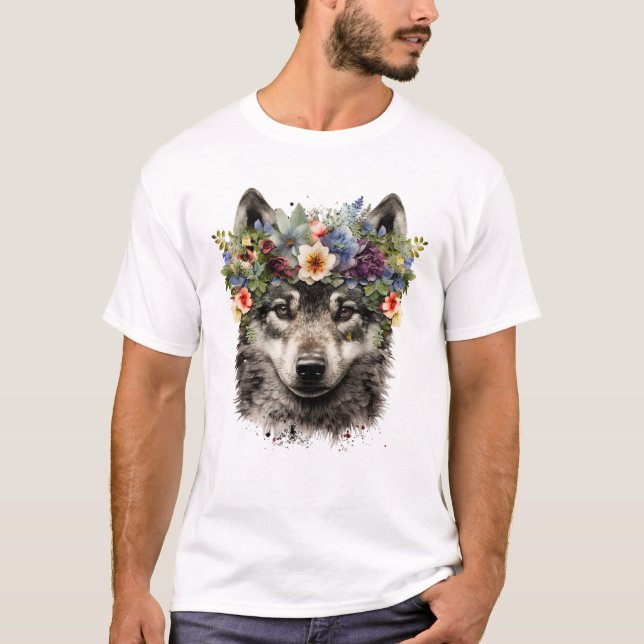 Watercolor Floral Wolf T-Shirt (Front)