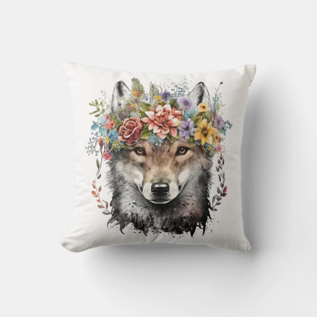 Watercolor Floral Wolf Throw Pillow (Front)