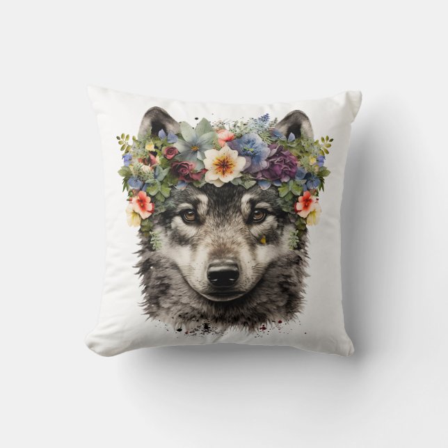 Watercolor Floral Wolf Throw Pillow (Front)