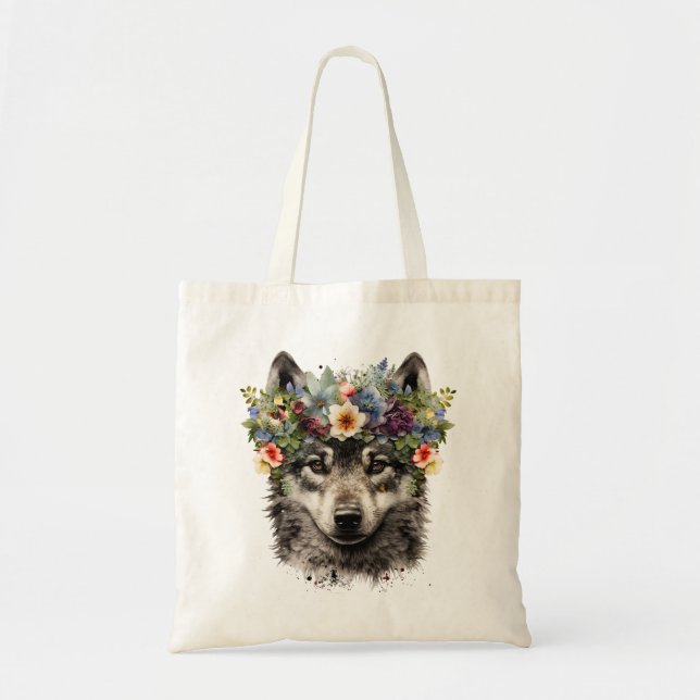 Watercolor Floral Wolf Tote Bag (Front)