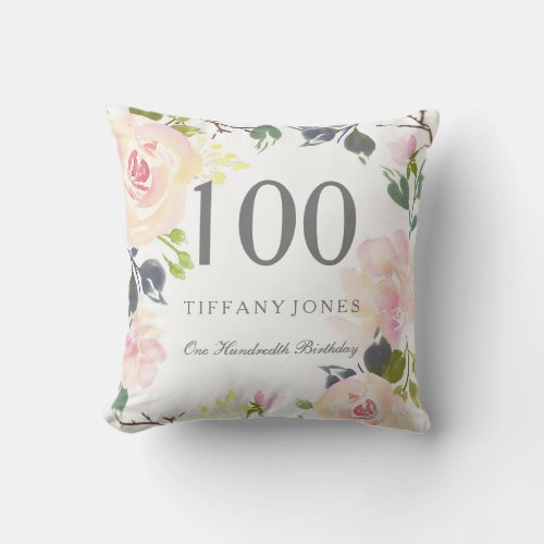 Watercolor Floral Womans 100th Birthday Party Gift Throw Pillow