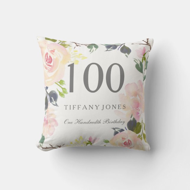 Watercolor Floral Womans 100th Birthday Party Gift Throw Pillow (Front)