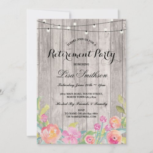 Watercolor Floral Wood Rustic Retirement Party Invitation