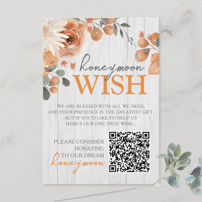 Watercolor Floral & Wood Wedding Honeymoon Fund Enclosure Card (Small Watercolor Floral & Wood Wedding Honeymoon Wish Fund Enclosure Insert Cards with QR code spot)