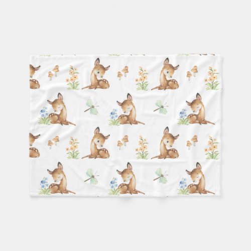 Watercolor Floral Woodland Animals Baby Deer Girl Fleece Blanket