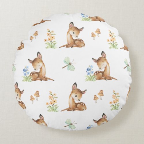 Watercolor Floral Woodland Animals Baby Deer Girl  Round Pillow