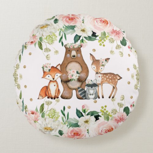 Watercolor Floral Woodland Animals Girl Nursery Round Pillow