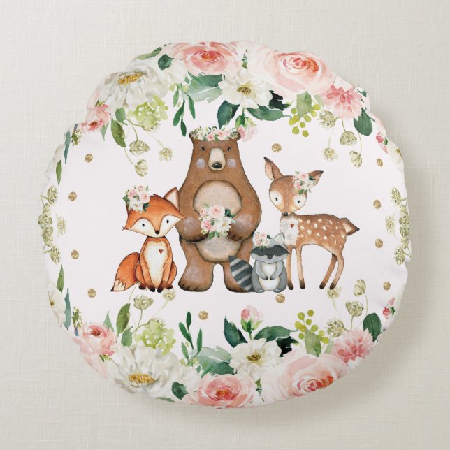 Watercolor Floral Woodland Animals Girl Nursery Round Pillow (Front)