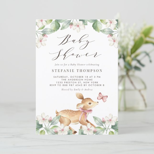 Watercolor Floral Woodland Baby Deer Baby Shower Invitation (Standing Front)