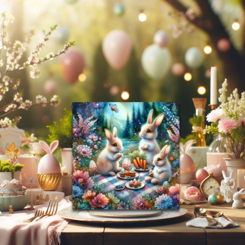 Watercolor Floral Woodland Bunny Easter Picnic Holiday Card