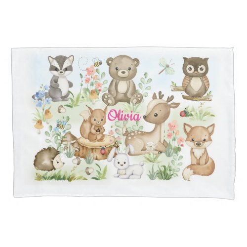 Watercolor Floral Woodland Forest Animals Nursery  Pillow Case