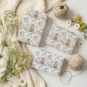 Watercolor Floral Woodland Forest Knitted Bear Wrapping Paper Sheets