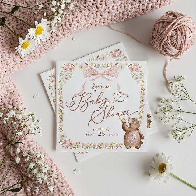 Watercolor Floral Woodland Knitted Bear Baby Girl  Napkins (Watercolor Floral Woodland Knitted Bear Baby Girl Napkins)