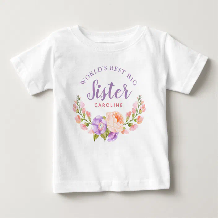 Printed Pink Floral Gift Top Matching Girls Big & Little Sister Wreath T-Shirt