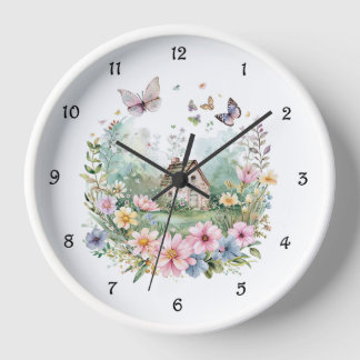 Watercolor Floral Wreath and Cottage Wall Clock