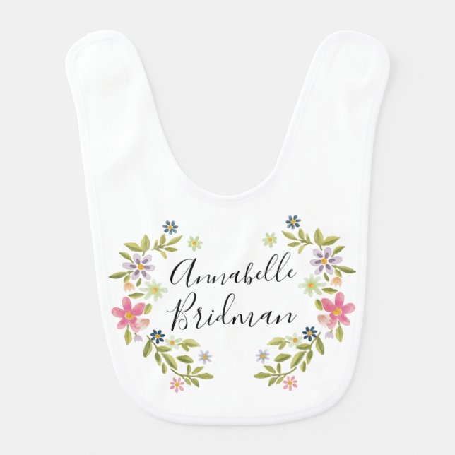 Watercolor Floral Wreath Baby Bib (Front)
