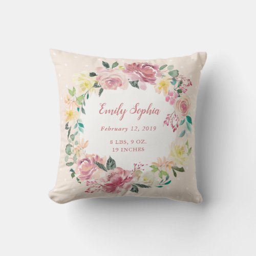 Watercolor Floral Wreath  Baby Girl Birth Stats Throw Pillow