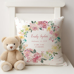 Watercolor Floral Wreath | Baby Girl Birth Stats Throw Pillow