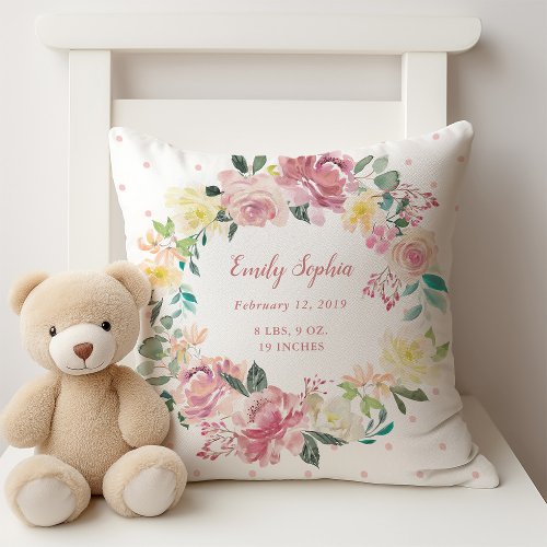 Watercolor Floral Wreath  Baby Girl Birth Stats Throw Pillow