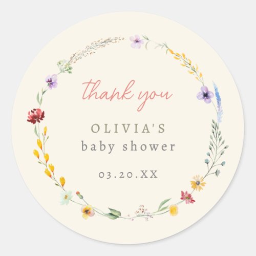 Watercolor Floral Wreath Baby Shower Thank You Classic Round Sticker