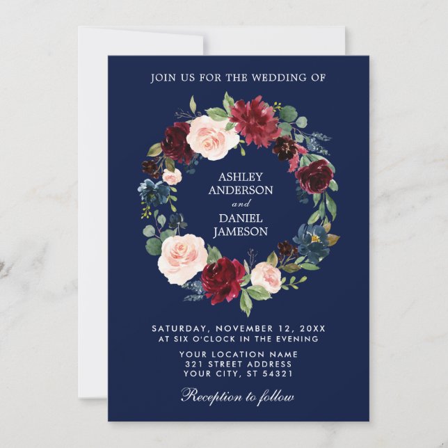 Watercolor Floral Wreath Burgundy Blue Wedding B Invitation (Front)