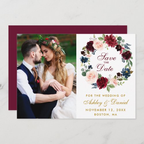 Watercolor Floral Wreath Burgundy Blue Wedding B Save The Date