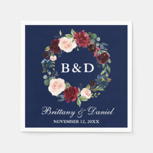 Watercolor Floral Wreath Burgundy Blue Wedding Napkins