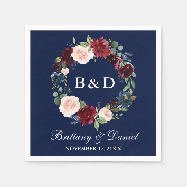 Watercolor Floral Wreath Burgundy Blue Wedding Napkins (Front)