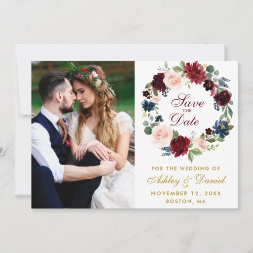 Watercolor Floral Wreath Burgundy Blue Wedding Save The Date