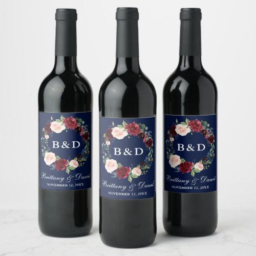 Watercolor Floral Wreath Burgundy Blue Wedding Wine Label