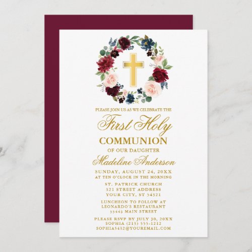 Watercolor Floral Wreath Burgundy First Communion Invitation