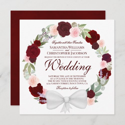 Watercolor Floral Wreath Burgundy Red Wedding Invitation